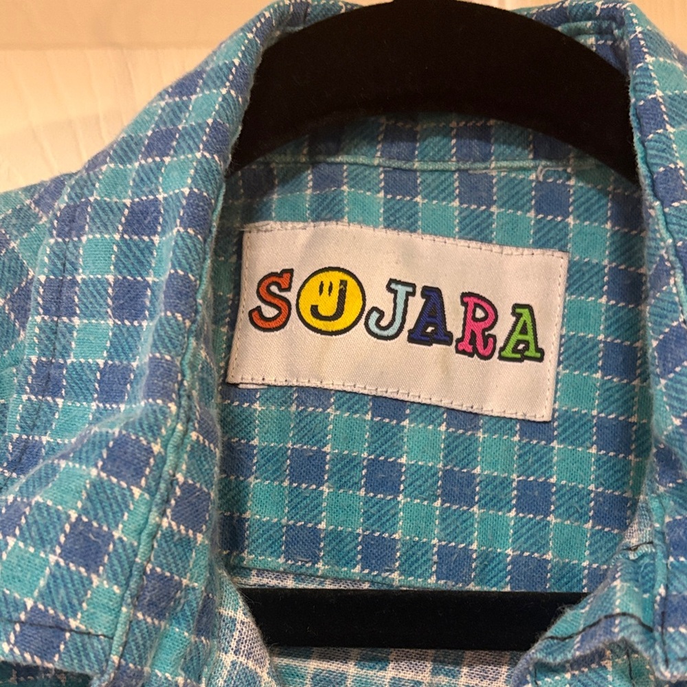 Turquoise Plaid Button-Down Shirt with Graphic Back - Picture 3 of 3